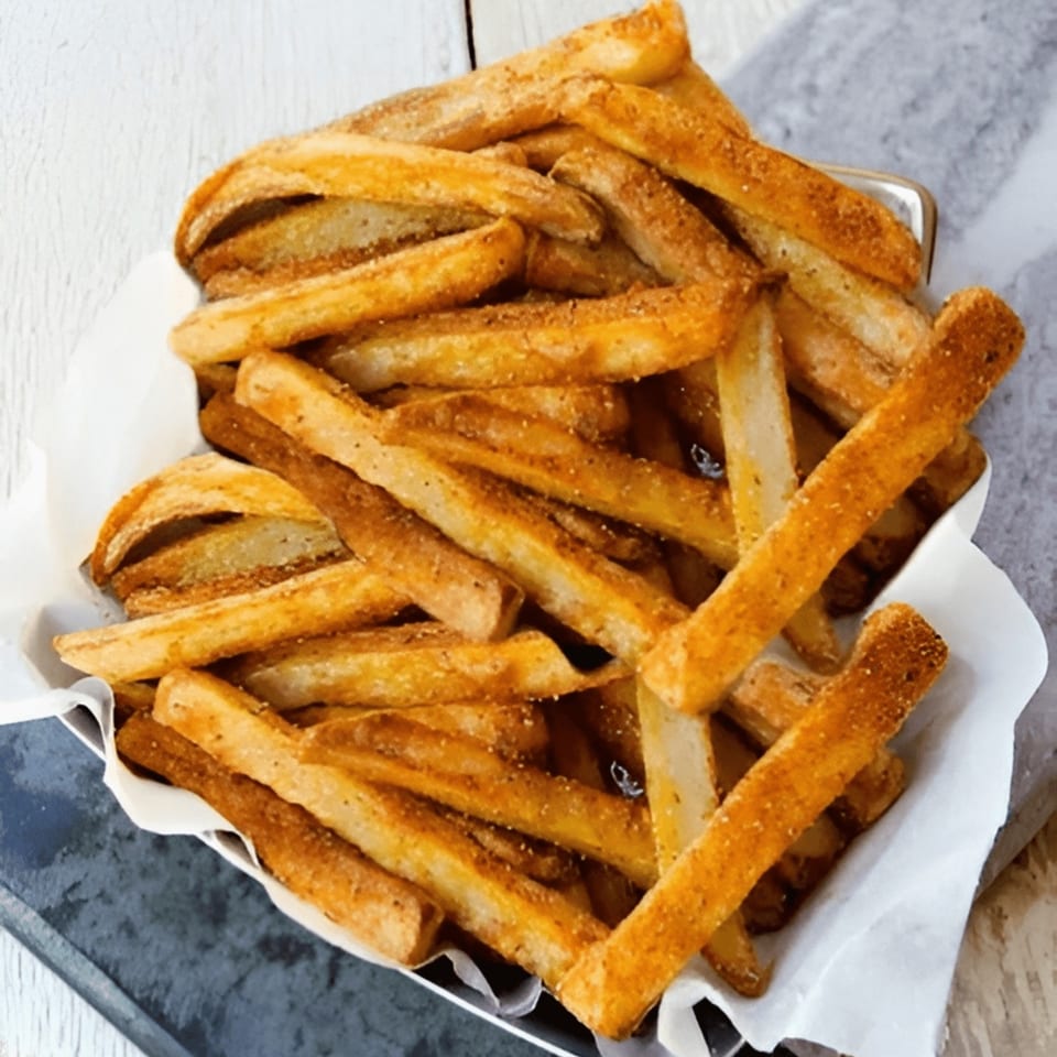 A close-up of golden-brown seasoned french fries in a metal basket lined with white paper.